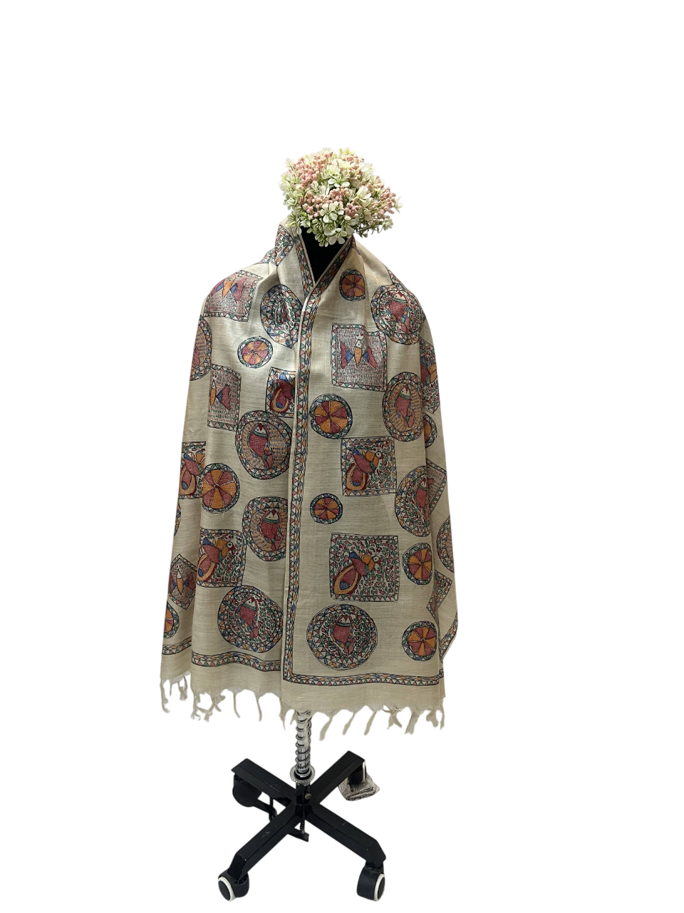 All Over Handpainted Madhubani Tussar Munga Silk Stole with Geometrical Patterns
